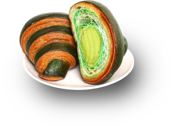 Croissant sọc xanh cắt đôi, lộ phần nhân kem trứng vị bơ.