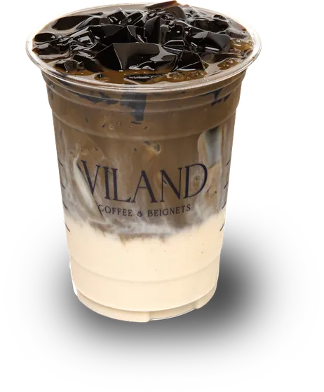 Hojicha latte phủ sương sáo trong ly ViLand.