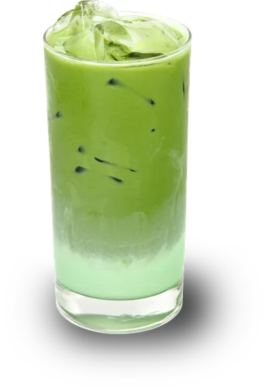 Matcha latte đá, lớp matcha xanh tươi trên lớp sữa nhạt màu.
