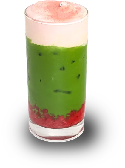 Matcha xếp lớp giữa dâu xay nhuyễn và lớp kem màu hồng.